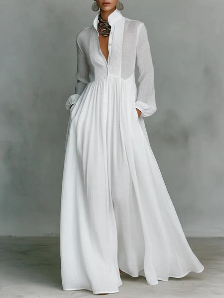 Elegant Solid White Long Dress for Women's Single Breasted Pockets Behemian Vintage Stand Collar Spring Evening Dresses