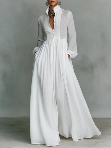Elegant Solid White Long Dress for Women's Single Breasted Pockets Behemian Vintage Stand Collar Spring Evening Dresses