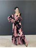 Abstract Print Ruched Womens' Pleated Dress Ruffle Sleeve Pleated Chiffon Long Dresses Party Outfit 2DB7460