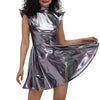 Women Metallic Shiny Dress Holographic Solid Color Turtleneck Pleated Dress Carnival Costume Gold Silver Rave Dress Outfits