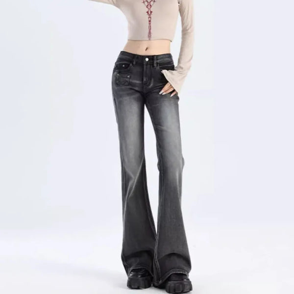 Women's Vintage Y2K Flared Jeans Korean Button-Up Low Rise Casual Denim Pants Female Versatile Elastic Slim Fit Jean Trousers