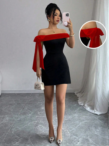 Women Off Shoulder Mini Dress Red Big Bow Spliced Bodycon Short Dresses Elegant Slim Fit Black Little Dress Night Club Party Birthday Outfits Evening