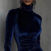Woman Chic Solid Velvet Patchwork Lace Dress Spring Turtleneck Slim Irregular Party Dress Autumn Long Sleeve Mini Dress