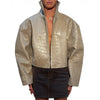 Women Cropped PU Leather Jackets Chic Stand Collar Wide Flare Sleeve Asymmetrical Wrap Open Front Coat Autumn Loose Jacket