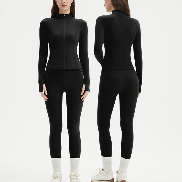 Two-piece Sports Set Women Solid Zipper Long Sleeve Sports Jacket & HighWaist Leggings Set Sporty Breathable Yoga Sets Female