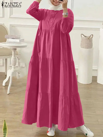 Autumn Women Long Vestidos Muslim O Neck Islamic Hijab Casual Loose Maxi Dress Tiered Long Sleeve Abaya Robes