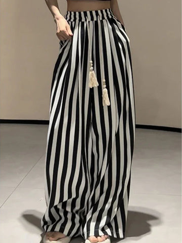 Korean Casual Striped Wide Leg Pants Women High Waist Elegant Straight Trousers Vintage Lace Up Female Spring Loose Pants