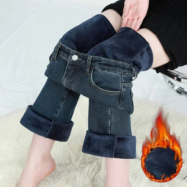 Winter Fleece Women's Flare Pants Retro Slim High Waist Elastic Cotton Thick Warm Denim Pants Korean Female Clothes