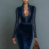Elegant Women's Slim Dress Sexy Lece Sleeve Hollow Out Velvet Lace Splice Party Evening Vintage Casual Midi Dress for Spring