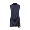 Satin dresses women's clothing back zip hem lace patchwork slit sexy nightclub mini dress chic French Evening