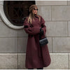 Burgundy Long Trench Coat Women Lapel Double Breasted Belted Waist Cape Collar Overcoat Loose Windbreaker Lady Winter Outerwear