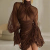 High Collar Draped Ruffle Mini Dress Elegant Hight Waist Solid Color Short Dress Casual Long Sleeve Women's Party Dress