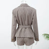 Elegant Plaid Stand Collar Jacket Shorts Set Women Full Sleeve Belted Buttons Blazer Suit Lady Commute Street Outfits