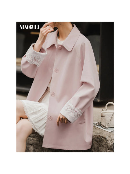 Women Mid Long Windbreaker Autumn Trench Coat Raglan Sleeve Lace Korean Style Ladies Outer Coat