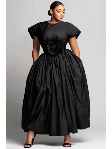 Women Formal 3D Floral Plus Size Dress with Pocket Ruched Pleated A-line Round Neck Evening Wedding Guest Cap Sleeve Dress