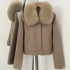 Winter Outerwear Women Cropped 100% Pure Wool Jacket Oversized Real Fox Fur Collar Zip Up Short Wool Coat Female