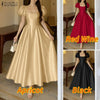 Elegant Chic Women Satin Wedding Guest Party Long Dresses Square Neck Short Puff Sleeve Fitted Waist A-Line Dress S-3XL