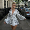 Polka Dot Puff Sleeve Dress Women's V-neck Waist Cinching Pleated Mini Dresses Spring Lady Elegant Casual Wear