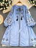 Women's Dress Spring Vintage Embroidery Lace-up O-Neck Versatile Loose Bandage Waist A-line Mid-length Vestidos DS354