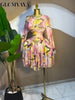 Women Floral Print Draped Sweet O-neck Long Sleeve big swing Mini Dress Birthday Party Evening Street Dresses