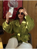 Streetwear Green Belted Jacket Stand Collar Puff Sleeve Cropped Coat Y2k Cool Girl Spring Autumn Casual Outerwear