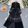 French Vintage Lace Embroidery Patchwork Velvet Dress Women Long Lantern Sleeve Pearl Buttons Lace Up Wedding Party Prom Vestido