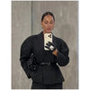 Lady Black Pinstripe Two Piece Suit Belted Wrap Long Sleeves Blazer Wide Leg Pants Sets Autumn Chic Formal Business Set