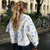 Women's Autumn Aesthetic Floral Print Stand Collar Color Pocket Quilted Padded Jackets Coat Female Warm Outwear Chic Tops