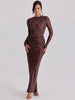 Off Shoulder Lace Satin Maxi Dress Women Elegant Long Sleeve Ruched Bodycon Mermaid Evening Club Party Formal Dress