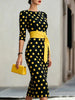 Elegant Women Office Party Midi Dress Polka Dot 3/4 Sleeve Pencil Dresses Spring Round Neck With Belt Slim Dress Robe