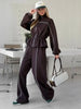 Women Black Track Suit Jacket Two Piece Suit Zip Up Cinch Waist Coat Wide Leg Pants Lady Autumn Street Matching Set