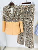 High Street Designer Suit Set Women's Single Button Leopard Printed Color Block Blazer Flare Pants Suit