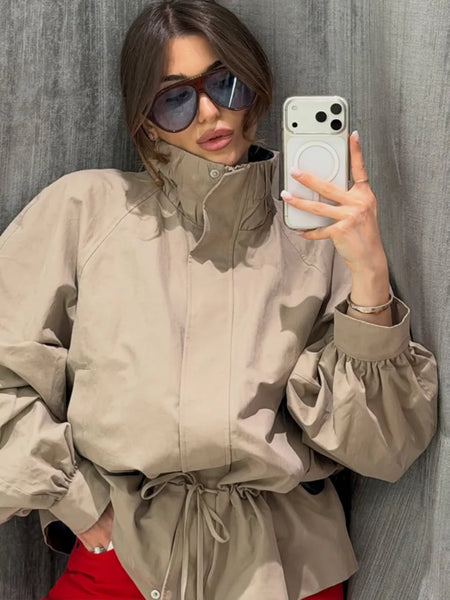 Autumn Chic Women Short Trench Jacket Stand Collar Drawstring Waist Cinching Long Sleeve Zipper Casual Outerwear Coat