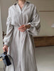 Women's Spring and Autumn Bubble Sleeve Casual Loose Straight Vintage Button Decorative Shirt Long Dress