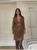 Vintage Sequin Sheer Mini Dress For Women Chic Floral Embroidery V-neck Long Sleeve Ruffled Hem Dresses Party Cocktail Dress