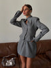 Women Grey Stand‑collar Keyhole Blazer Mini Skirt 2 Piece Set Chic Long‑sleeve Fitted Suit Lady Street Commute Outwear