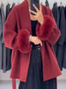 Elegant Lace Up Woolen Short Coat Solid Loose Lapel Furry Long Sleeve Belt Waist Jacket Spring Autumn Lady Chic Cardigan