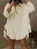 Solid Mini Party Prom White Mini Dresses Women Falbala Lapel Long Sleeve Casual Shirts Casual Vintage Blouses