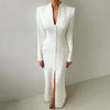 Sexy Slim Women's Dress V-Neck Long Sleeve Ankle Length Dresses Elegant Classic Slit Female Dress Robe De Soiree