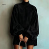 High Neck Corduroy Short Dress For Women Oversized Lantern Balloon Long Sleeve Loose Hem Casual Daily Mini Dresses