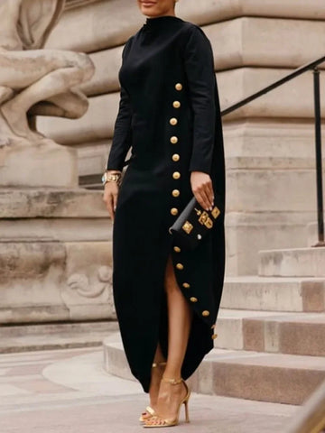 Women's Buttoned Split-Side High Neck Evening Black Dress Long Sleeves Loose Urban Office Maxi Dresses