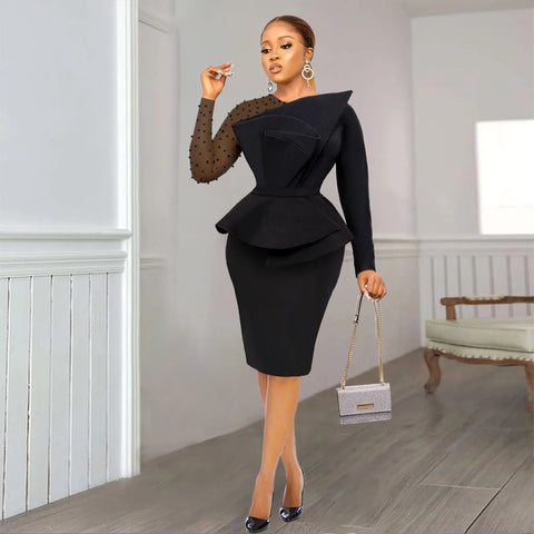 S-4XL African Dresses for Women Spring Autumn African Women Polyester White Black Knee-length Dress African Clothes Women