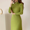 Autumn Winter Slim Long Sleeve Party Midi Dress for Women Knitted Half High Collar Elegant Knitted Sweater Dresses Ladies