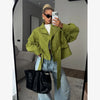 Green Oversized Belt Overcoat Women Elegant Long Sleeve Pleated Lapel Lace Up Windbreaker Autumn Lady Daily Street Outerwears