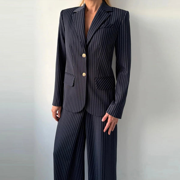 Pinstripe Women's Blazer Coats Back Cut Out Tie Long Sleeve Jackets for Woman Lapel Collar Navy Striped Suit Jacket Office Chic