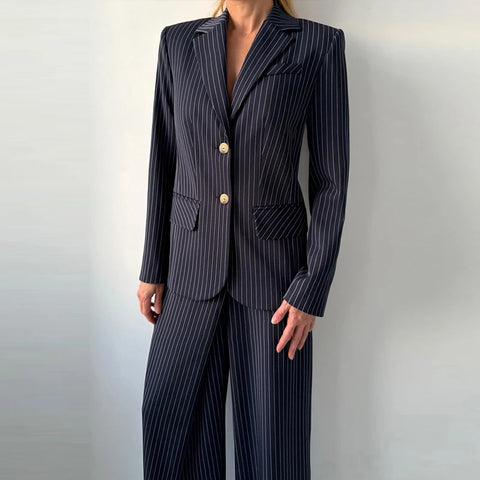 Pinstripe Women's Blazer Coats Back Cut Out Tie Long Sleeve Jackets for Woman Lapel Collar Navy Striped Suit Jacket Office Chic
