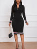Womens Elegant Turtleneck Zipper Work Office Long Sleeve Striped Business Casual Party Pencil Bodycon Sheath Midi Dress