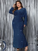 Plus Size V-Neck Long Sleeve Mermaid Hem Dress Women Autumn Evening Party Glitter High Waist Bodycon Long Dress
