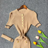 Autumn Winter Women Knitted Dress Brand O-neck Buttons Bodycon Sweater Dress with Belt Lady Office Dress