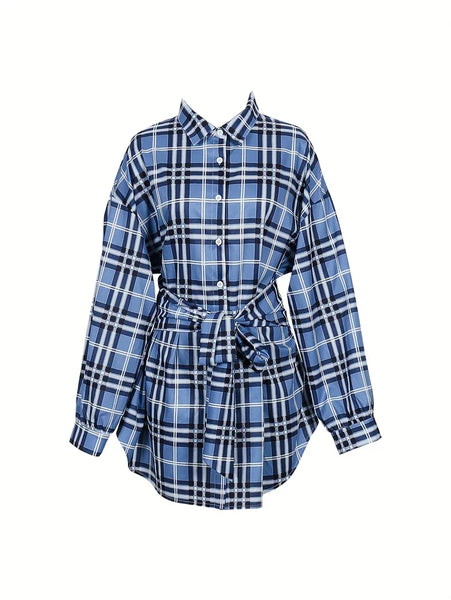 Women Plaid Shirt Dress Elastic High Waist Tie Waist Loose Button Down Shirt Dress Casual Oversized Plaid Blouse